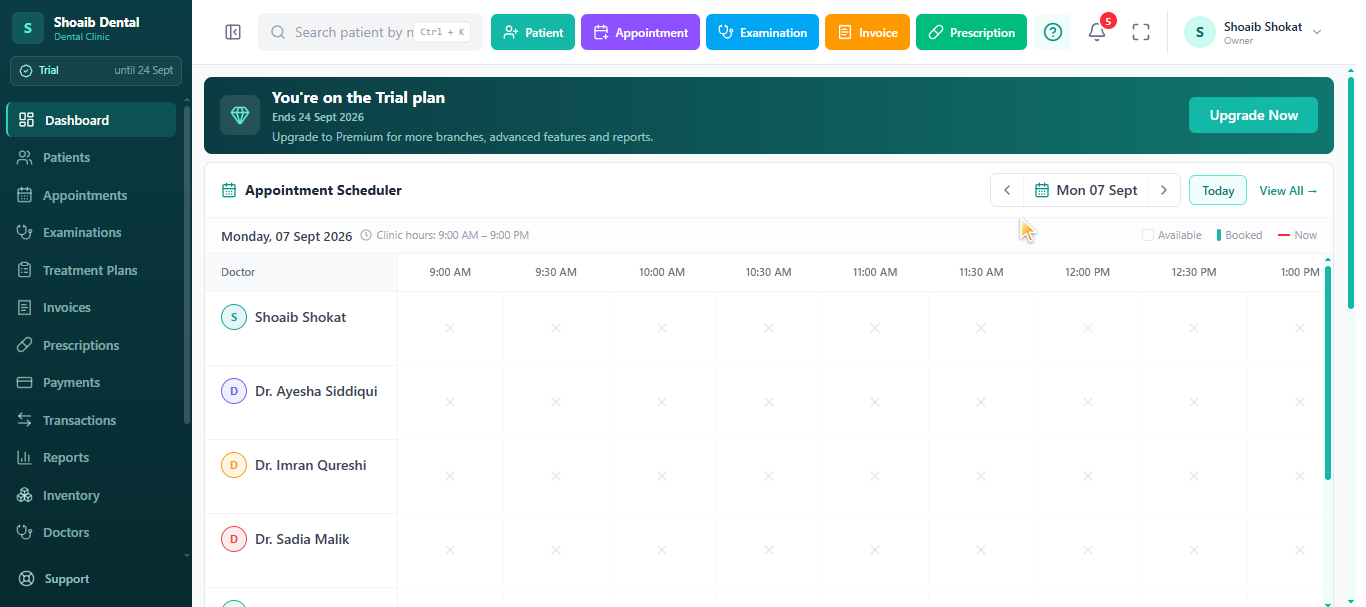 Dentrah dental clinic dashboard with the appointment scheduler across every doctor