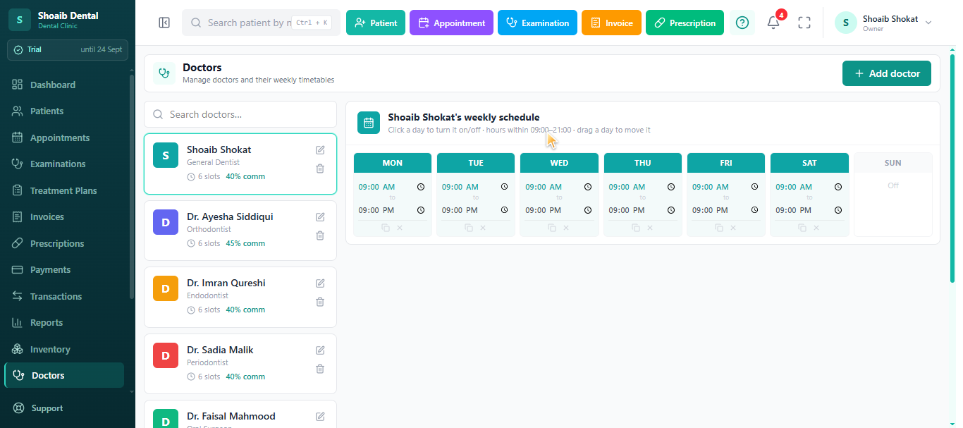 Dentrah doctor management showing specialisation, commission percentage and weekly timetable
