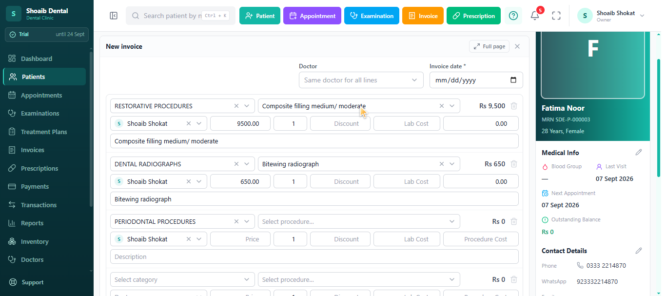 Dentrah create invoice screen with one line per procedure showing quantity, unit price, discount and line total