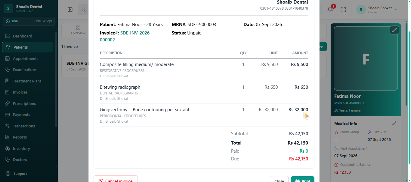 Dentrah record payment form showing a part payment against an invoice with cash, card and bank transfer options