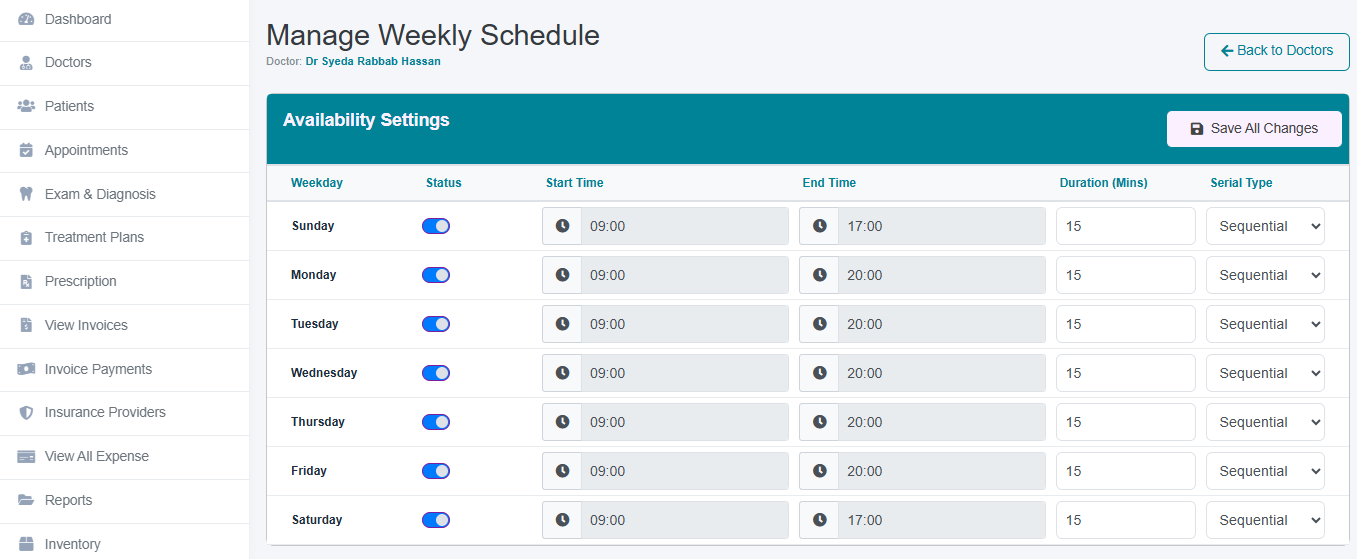 Dentrah doctor schedule screen showing each dentist's weekly working sessions and available time slots