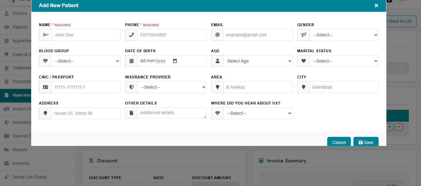 Dentrah patient registration form capturing name, contact details, medical history, allergies and alerts for a new dental patient